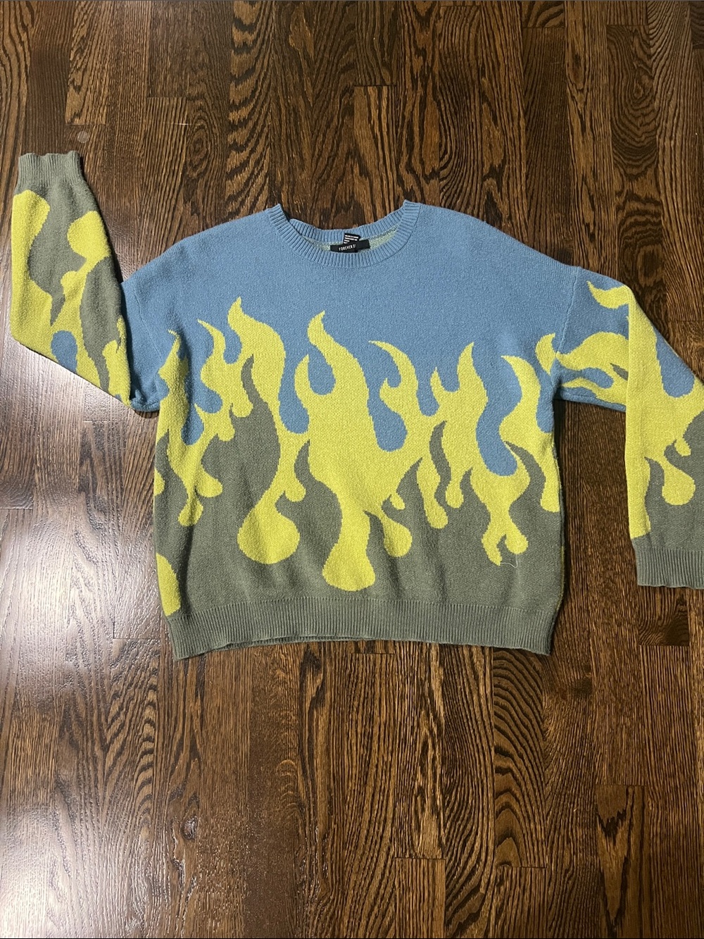 Forever 21 Blue, Yellow & Gray Flame Crewneck Sweater - Men's